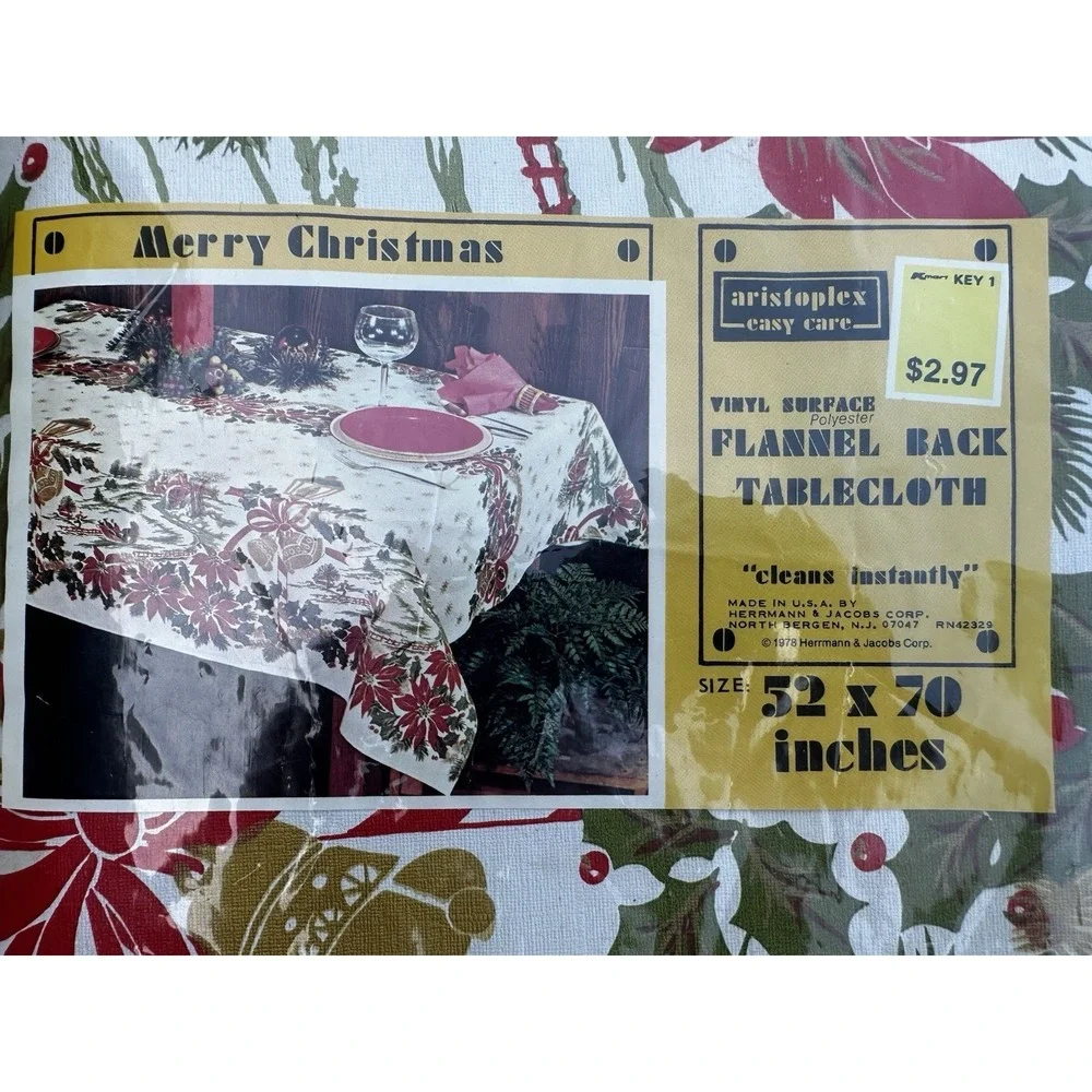 Vintage 70s Aristoplex Vinyl Surface Flannel Back 52x70 Christmas Tablecloth NEW